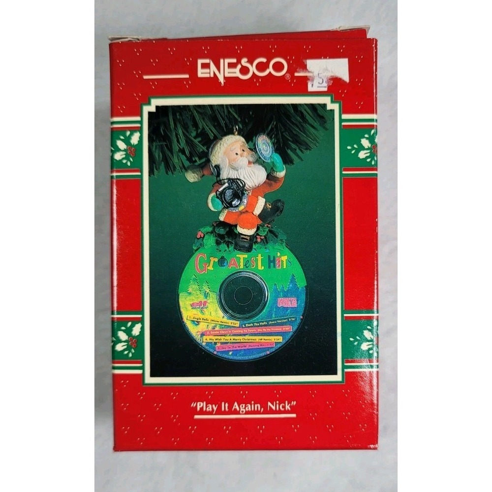 Vintage 1996 Enesco Play It Again‎ Nick Christmas Ornament Santa on CD Boxed